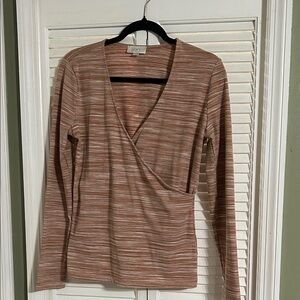 LOFT Brown Striped V-Neck Long Sleeve Top